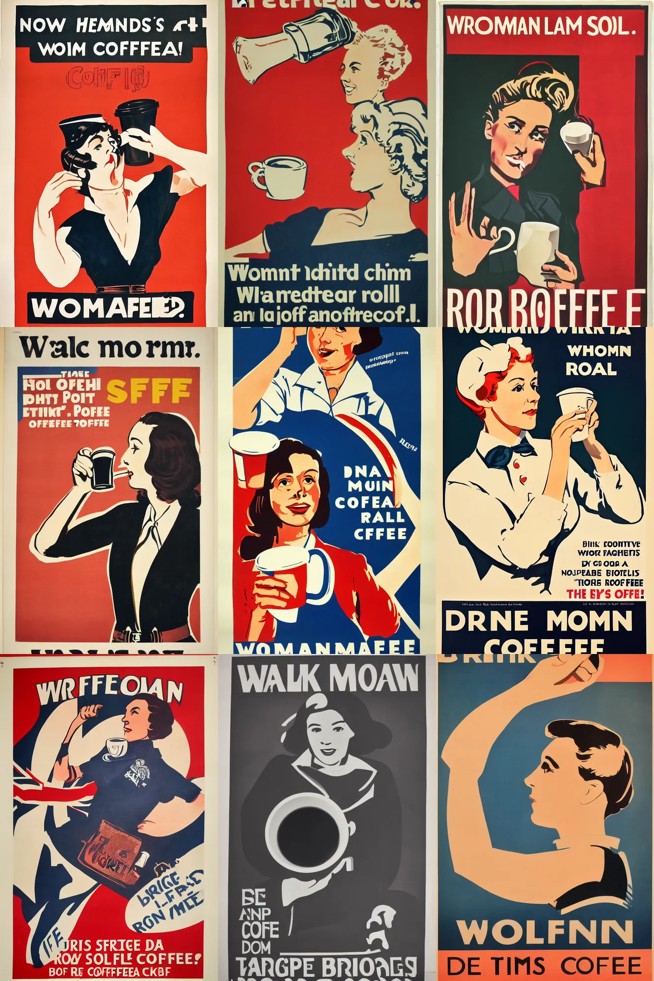 Image similar to british propaganda poster, woman, drink more coffee, roll sleeves up