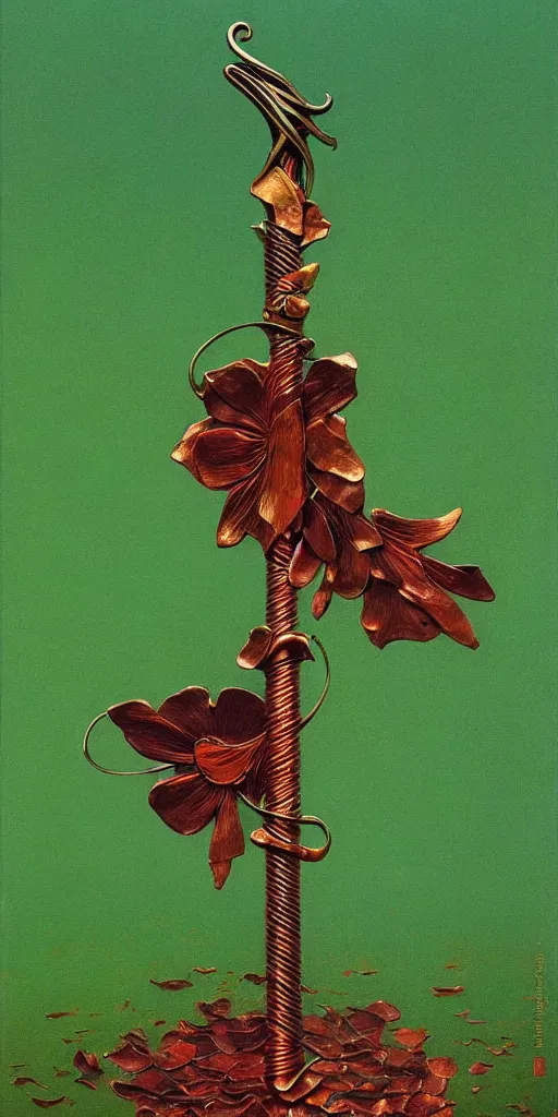 Prompt: a sword made from flower petals in the style of zdzisław beksinski, elegant, copper and emerald, shining