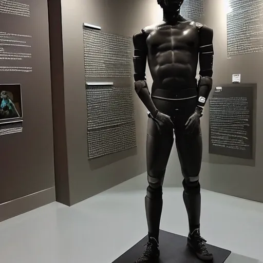 Image similar to “a realistic detailed photo of a guy who is an attractive humanoid who is half robot and half humanoid, who is a male android, baseball player Mike Trout, shiny skin, posing like a statue, blank stare, at a museum, on display”