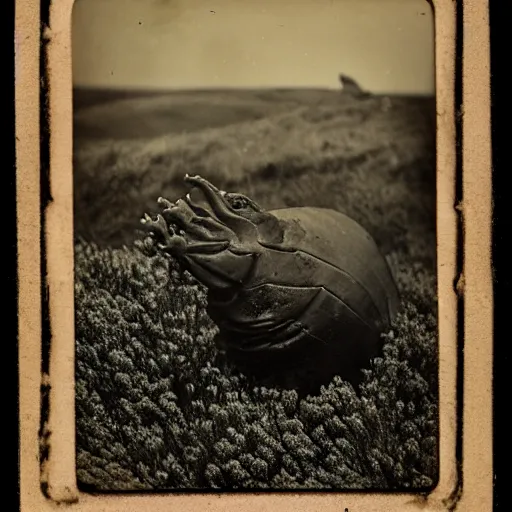 Image similar to daguerreotype polaroid photo of an sea monster in the heather on the north yorkshire moors