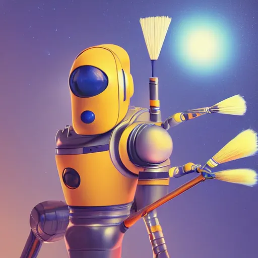 Image similar to portrait of space robot holding multiple big paintbrushes, painting a canvas, cute, pixar, photorealism 4 k, octane render, clean design, beautiful light