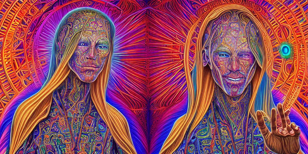 Prompt: detailed portrait of a dmt time elf waving to a passing soul energy, dmt portrait of benevolent time elves sharing their soul frequency, cathedral background, masterpiece composition, 8 k resolution, ultra fine illustration, art by alex grey and tokio aoyama, highly detailed,