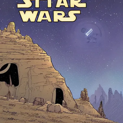 Image similar to Star Wars landscape in the style of comic artist Moebius