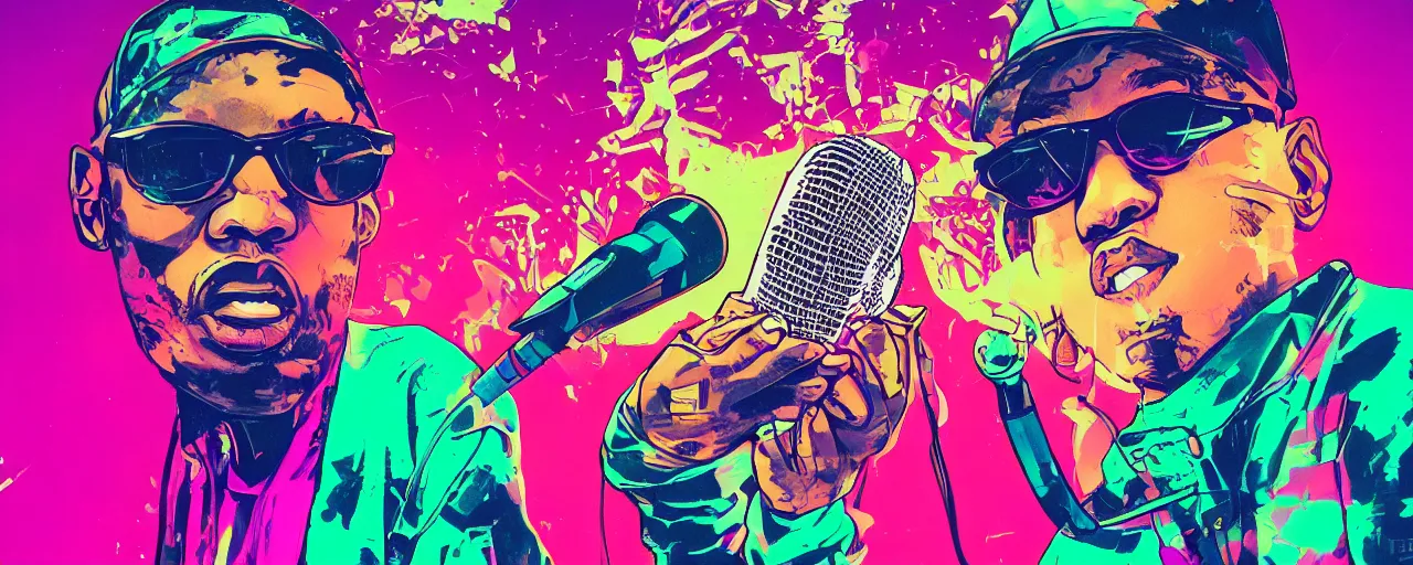 Image similar to rapper holds microphone straight out, digital art, vapor wave, hip hop, psychedelic, surreal, trending on Artstation, professional artist, detailed, 4k