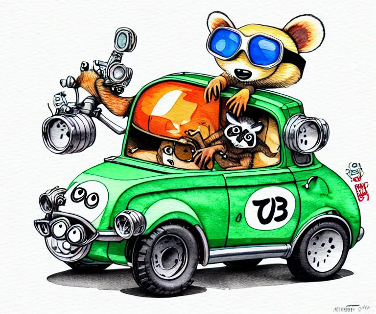 Image similar to cute and funny, racoon wearing goggles riding in a tiny hot rod with an oversized engine, ratfink style by ed roth, centered award winning watercolor pen illustration, isometric illustration by chihiro iwasaki, edited by range murata, tiny details by artgerm and watercolor girl, symmetrically isometrically centered, sharply focused