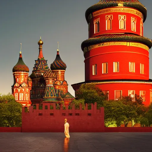 Prompt: chinese - style kremlin and chinese st. basil's cathedral on wide stone square at gentle dawn, a huge portrait of mao on the kremlin wall, at gentle dawn pink light, rossdraws, artgerm, norman rockwell, emiliano ponzi, epic composition, hd, octane, unreal engine, volumetric lighting, light rays, masterpiece, award - winning