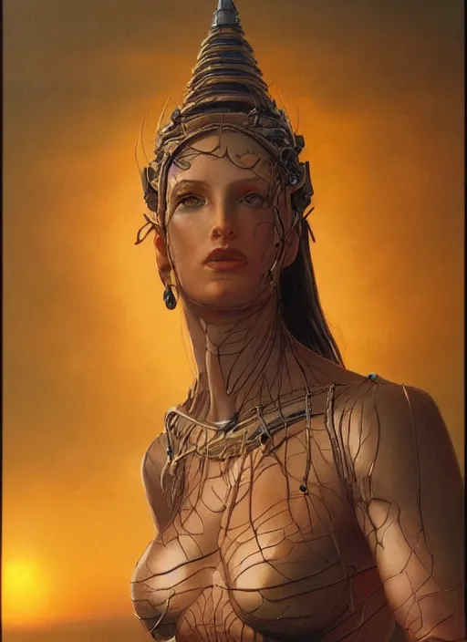 Prompt: biblical beautiful female android, shiva, glowing veins, in clouds, sunset, portrait, by gerald brom, by peter elson, muted colors, extreme detail, reflections, trending on artstation, 8 k