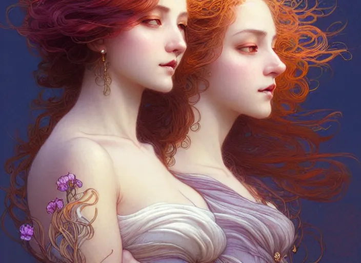 Image similar to portrait of 3 women with flowy hair, confident pose, pixie, genshin impact, intricate, elegant, sharp focus, soft bokeh, illustration, highly detailed, concept art, matte, trending on artstation, bright colors, art by wlop and artgerm and greg rutkowski, mucha, giger