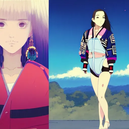 Image similar to a beautiful plus sized model japanese natalie portman, alluring, wearing oversized mayan bomber jacket and leotard with overalls, bulky poofy bomber jacket with mayan patterns, aztec street fashion, gapmoe yandere grimdark, trending on pixiv fanbox, painted by greg rutkowski makoto shinkai takashi takeuchi studio ghibli, akihiko yoshida