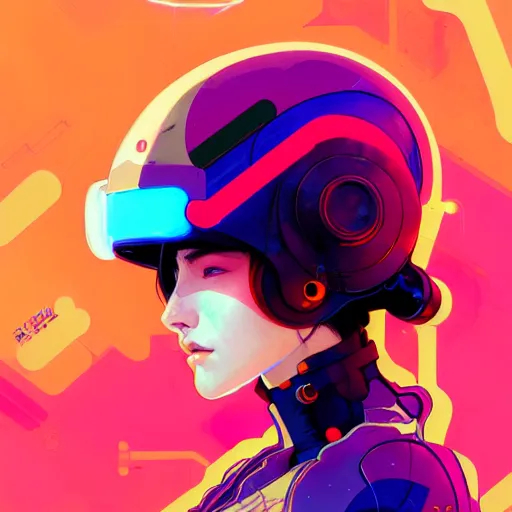 Prompt: a beautiful painting of a cyberpunk girl with a helmet by sachin teng and pascal blanche and alphonse mucha!! and ruan jia! and josan gonzalez. in style of conceptual art. colorful comic, film noirs, akira, brush stroke, vibrating colors, hyper detailed. octane render. trending on artstation