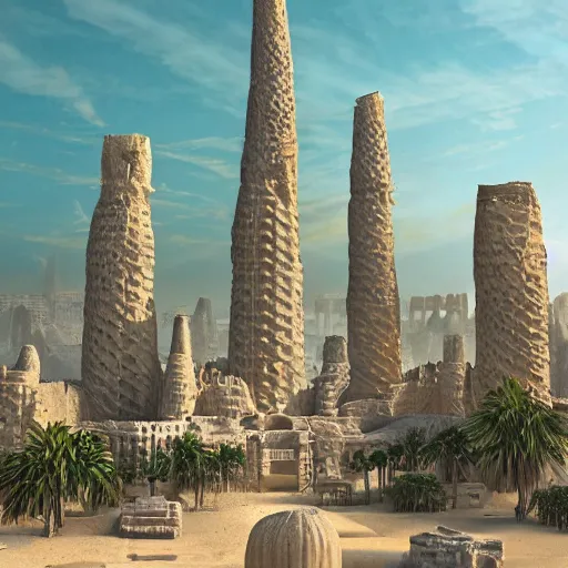 Image similar to cover concept art of the lost sand city, ruins, golden towers, golden pillars, palm trees, post-processing, in the style of Hugh Ferriss, Behance, Artgerm. High detail, ultra realistic render, octane, 3D, photorealism, symmetric, cinematic