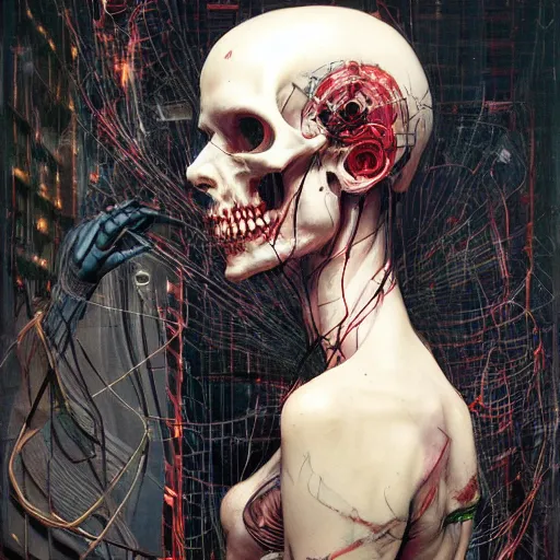 Image similar to in a dark room, a male cyberpunk hacker, skulls, wires cybernetic implants, machine noir steelpunk grimcore, in the style of adrian ghenie esao andrews jenny saville surrealism dark art by james jean takato yamamoto and by ashley wood