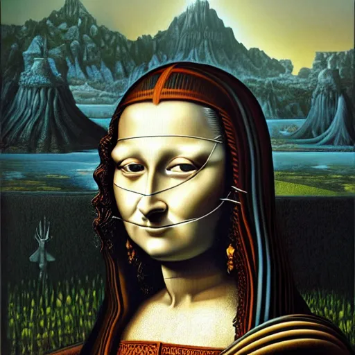 Image similar to monalisa by jacek yerka, alex gray, zdzisław beksiński, dariusz zawadzki, jeffrey smith and h.r. giger, oil on canvas, 8k highly professionally detailed, trending on artstation