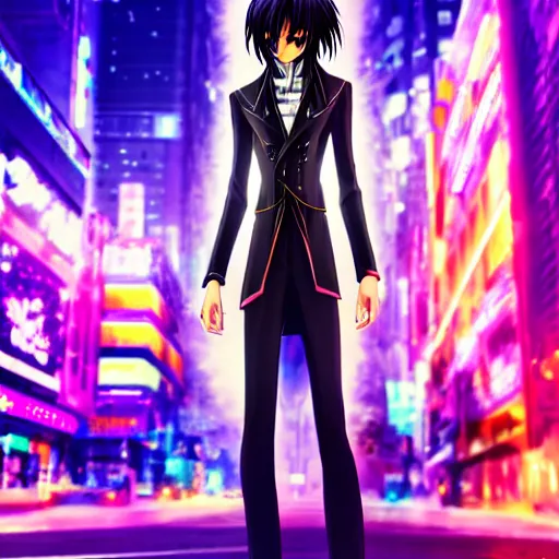 Image similar to Lelouch Lamperouge in a neon city, octane render 8k, atmospheric render, beautiful face, cute, realistic skin, beautiful eyes