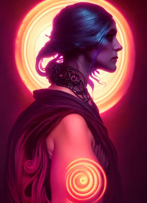 Prompt: side portrait, dark witch with black hood and evil eyes, gloomhaven, soft, smooth, luminescent, art nouveau tarot, backlit glow, colorful swirly ripples, gaudy colors, aesthetic octane render, unreal engine, 8 k, by artgerm, greg rutkowski, alphonse mucha