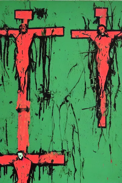 Image similar to green background with bloody christ crucified painted by cy twombly and andy warhol