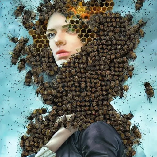 Prompt: The angry, hateful glare of a woman who is a swarm of bees made of bees surrounded by bees🐝🐝🐝 fantasy artwork, very very beautiful, trending on artstation