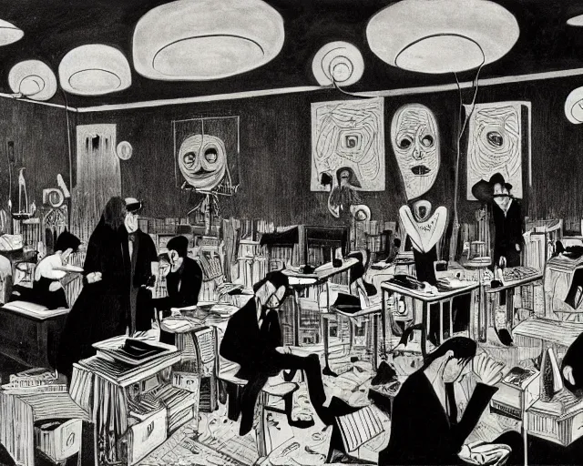 Image similar to the horror of beaurocracy, papers, horror, desks, office, waiting, stress, frustration, anger, crowded, harsh cinematic lighting, high qulity, 4 k, by charles addams and hilma af klint and affandi