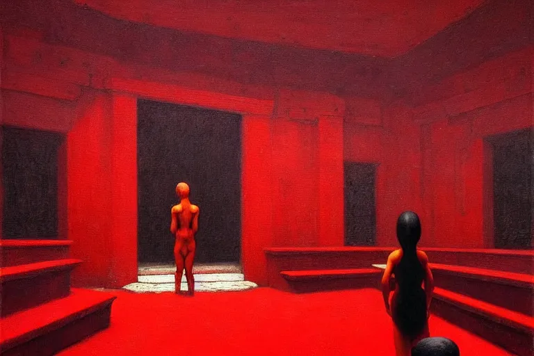 Image similar to only with red, crowd screaming, an exposed painting in a roman theater, in the style of beksinski, parts by edward hopper, parts by rodcenko, parts by yue minjun, intricate and epic composition, red by caravaggio, insanely quality, highly detailed, masterpiece, red light, artstation, 4 k