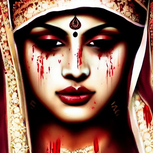 Prompt: beautiful Hindu lady of the dark with veil, cover with blood, horror, soft light, realistic, photorealistic, ultra detailed, high definition, full HD, 8k