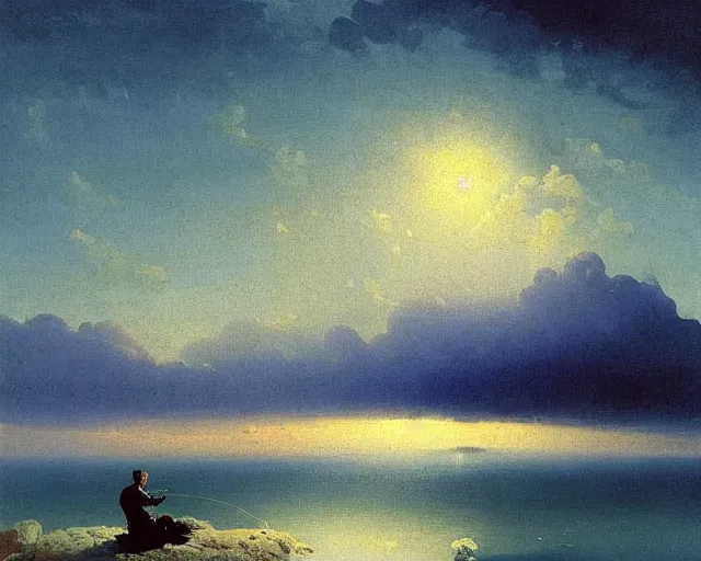 Prompt: A slightly silhouetted figure of a man with a guitar, clouds that look like mountains high in the sky, the clouds are a deep blue purple color with the sun blazing behind the clouds, art by Ivan Aivazovsky