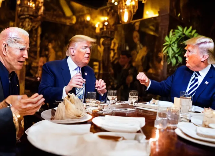 Image similar to Trump and Biden having dinner at a fancy Balinese restaurant, award winning cinematic photography, 50 mm, blurred background, trending on twitter