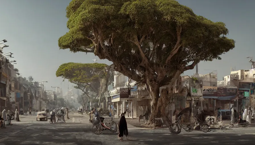 Image similar to jeddah city street, roshan, shops, a bright pharmacy, a nomad wearing a worn out coat, plants, old tree, kids, dramatic lighting fantasy, sci fi, by caspar david friedrich by beeple and james gilleard and justin gerard, centered, artstation, smooth, sharp focus, photoreal octane render, by jean baptiste monge