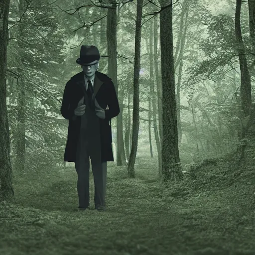 Image similar to shadowy man wearing a trenchcoat and a fedora in a liminal forest, uneasy feeling