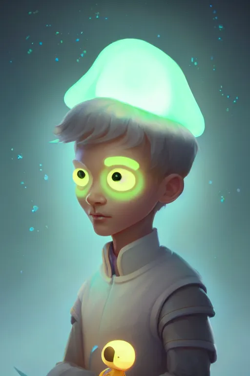 Image similar to super cute Bioluminescent prince with his mascot character concept, soft light, soft mood, realistic body features and face, illustration, painting oil on canvas by Elena Zhurikhina and Goro Fujita and Charlie Bowater, octane render trending on artstation, 4k, 8k, HD