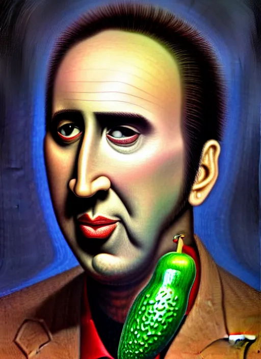 Image similar to hyper detailed 3d render like an Oil painting - Portrait of nicholas cage as an anthropomorphic pickle by Jacek Yerka, Mariusz Lewandowski, Houdini algorithmic generative render, Abstract brush strokes, Masterpiece, Edward Hopper and James Gilleard, Zdzislaw Beksinski, Mark Ryden, Wolfgang Lettl, hints of Yayoi Kasuma, octane render, 8k