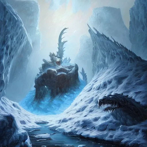 Image similar to A highly detailed oil painting in the style of Greg Rutkowski and Afremov of a very deep, very very dark cave with a huge frozen lake in the middle of it and an Ancient Ice dragon sleeping near a very big treasure pile, in the middle of a blizzard.