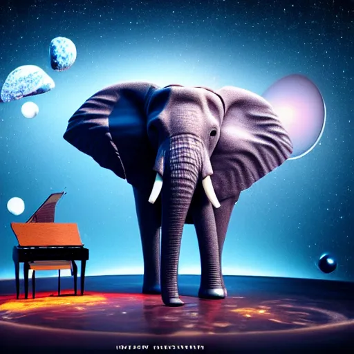 Image similar to a hyperrealistic 3D octane render of an elephant playing piano in a planetarium with planets and galaxies, trending on artstation, 8k, 4K, dramatic lighting, glowing, volumetric lighting, ray tracing, unreal engine