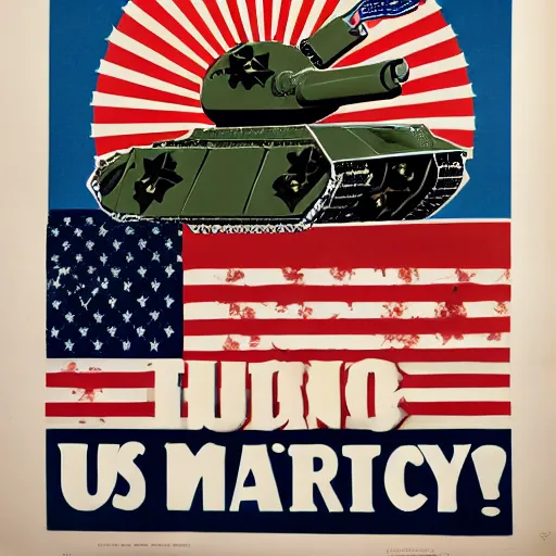 Prompt: US Military Propaganda poster, US Flag, American Tank, US Army Soldier