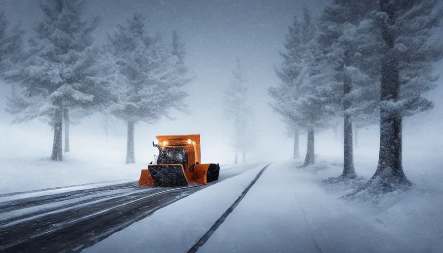 Image similar to A Snowplow!! clearing a beautiful snowy landscape. A blizzard and heavy snow falls. Fog and mist, highly detailed, concept art, digital art, 4k, high snow