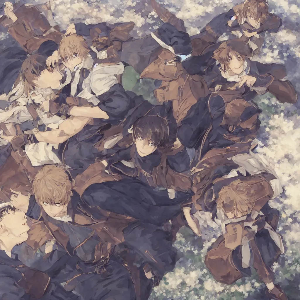 Image similar to Painting of adam sandler and jonah hill jousting in the style of Violet Evergarden, beautiful anime art style, winged eyelashes, countryside, calm, fantasy character portrait, dark outlines, dynamic pose, above view, sunny day, artwork by Makoto Shinkai, very coherent asymmetrical artwork, sharp edges, perfect face, simple form, 100mm