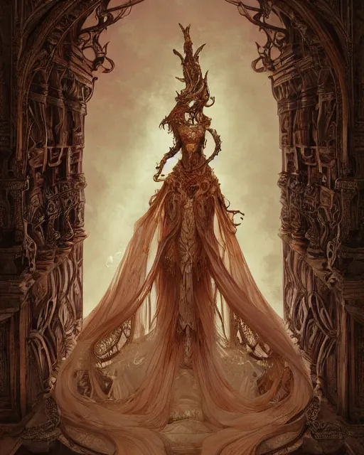 Image similar to a beautiful detailed front view of a dead rotten princess dressed in ornate baroque, ornamentation, elegant, beautifully soft lit, by wayne barlowe, peter mohrbacher, kelly mckernan