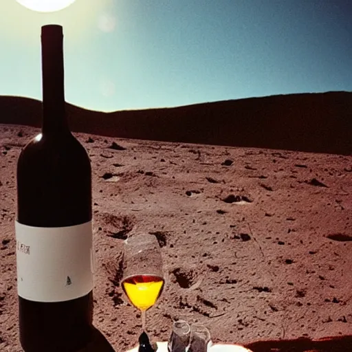 Prompt: picnic with close up of wine bottle on the moon