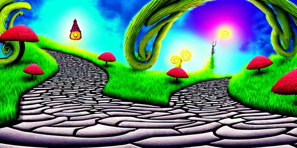 Prompt: flash light, curled perspective digital art of spiral clouds cobblestone street with wildflowers top of a hill with spiral palmtrees from nightmare before christmas. horton hears a who!