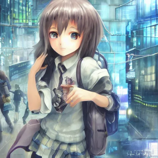 Image similar to dynamic composition, motion, ultra-detailed, incredibly detailed, a lot of details, amazing fine details and brush strokes, colorful and grayish palette, smooth, HD semirealistic anime CG concept art digital painting, watercolor oil painting of Clean and detailed post-cyberpunk sci-fi close-up schoolgirl in asian city in style of cytus and deemo, blue flame, relaxing, calm and mysterious vibes,, by a Chinese artist at ArtStation, by Huang Guangjian, Fenghua Zhong, Ruan Jia, Xin Jin and Wei Chang. Realistic artwork of a Chinese videogame, gradients, gentle an harmonic grayish colors. set in half-life 2, Matrix, GITS, Blade Runner, Neotokyo Source, Syndicate(2012), dynamic composition, beautiful with eerie vibes, very inspirational, very stylish, with gradients, surrealistic, dystopia, postapocalyptic vibes, depth of field, mist, rich cinematic atmosphere, perfect digital art, mystical journey in strange world