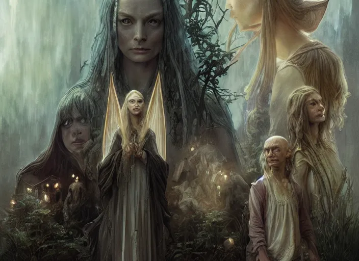 Image similar to a dramatic highly detailed render of the Galadriel and Gollum family, Middle-earth , by WLOP and Artgerm and Greg Rutkowski and Alphonse Mucha, Beautiful dynamic dramatic dark moody lighting, shadows, cinematic atmosphere, Artstation, Octane render, 8K, masterpiece, sharp focus, hyperrealistic, photograph