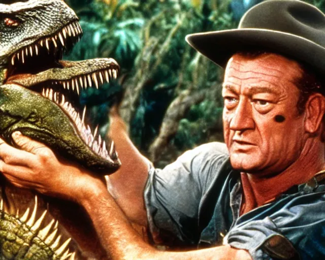 Prompt: johnwayne! as alan grant petting tyrannosaurs in jurassic park, movie still