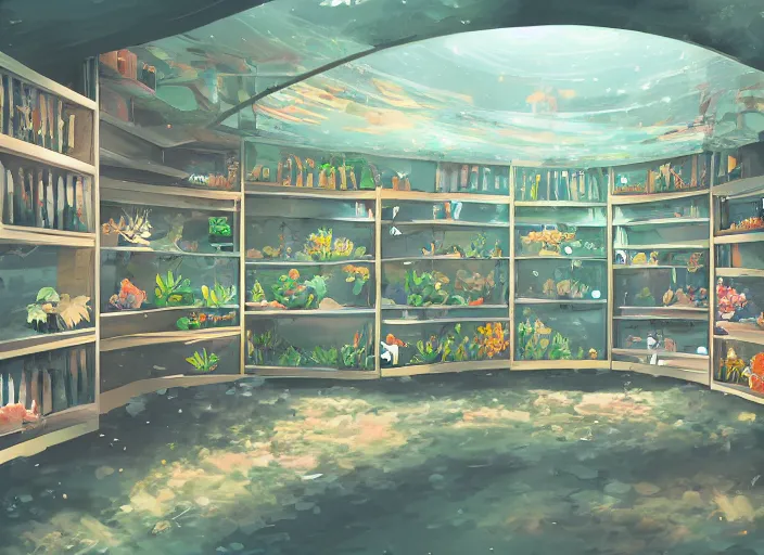 Prompt: interior photography of low contrast unassuming mild pleasant pleasing two - point - perspective anime background clean neat clarity professional visual development set design, tiny cozy store with many orderly shelves of bright fish aquariums, neat rows of sparse terrariums, dim painterly lighting volumetric aquatics, impasto, trending on pixiv