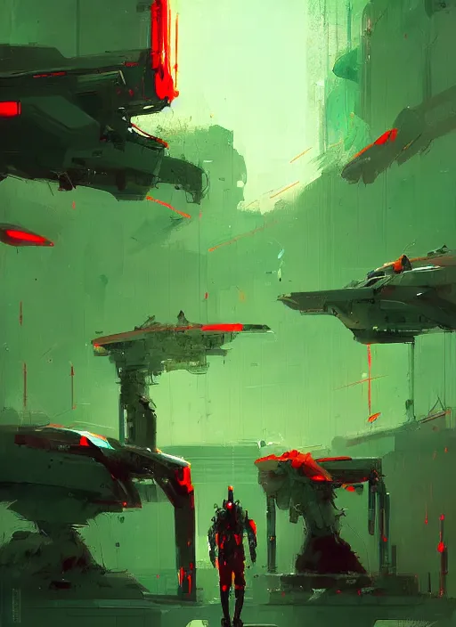 Prompt: sci - fi knights, red and green hour, by ismail inceoglu