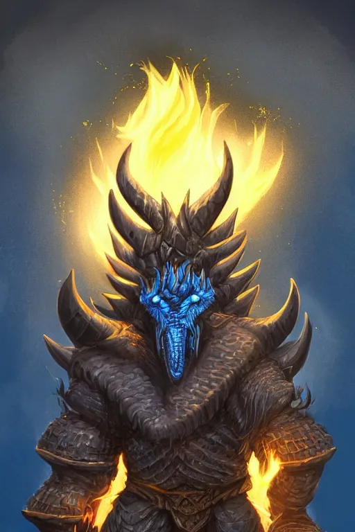 Prompt: a D&D character of a dark blue dragonborn with large tusks, only half of his face flaming with blue flame, he wears a black dragon scales armor, D&D art