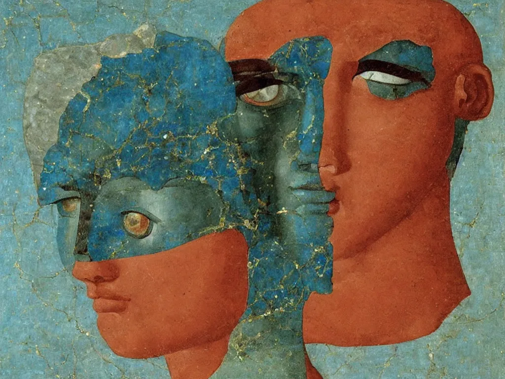 Image similar to broken marble greek sculpture head of the god of tranquility with inlaid crystal eye. lapis - lazuli, turquoise, malachite, cinnabar, earth brown. painting by piero della francesca, balthus, agnes pelton