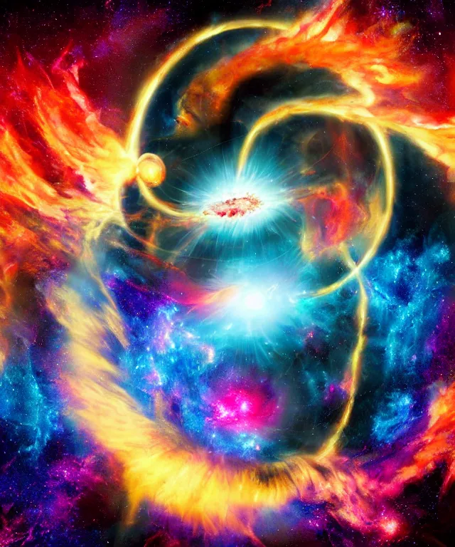 Image similar to black hole, sun, space, bright colors, surreal art, phoenix flames, nebula clouds, soft tones