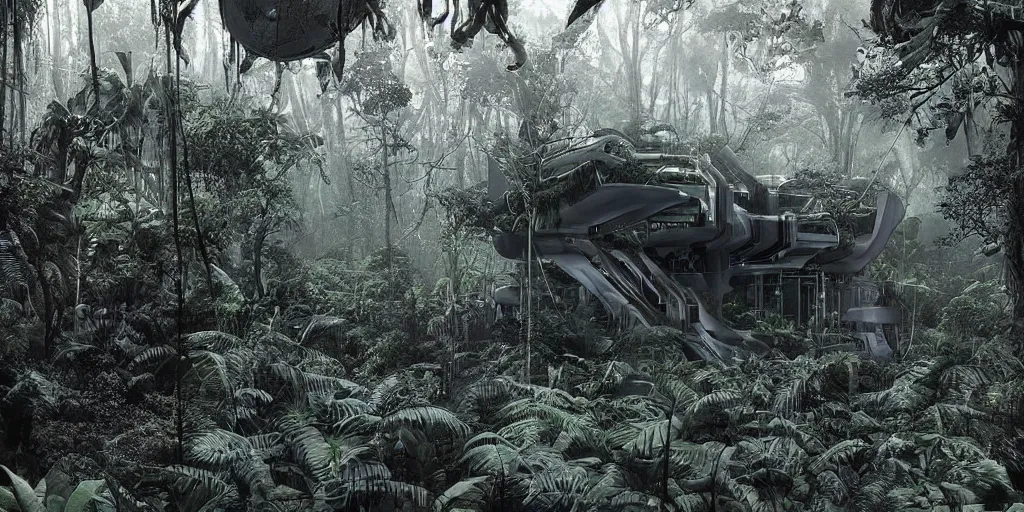 Image similar to astonishingly detailed photograph of a sci-fi research outpost in a thick jungle environment, moist and foggy, mysterious, futuristic architecture, dark sci-fi atmosphere, film grain,