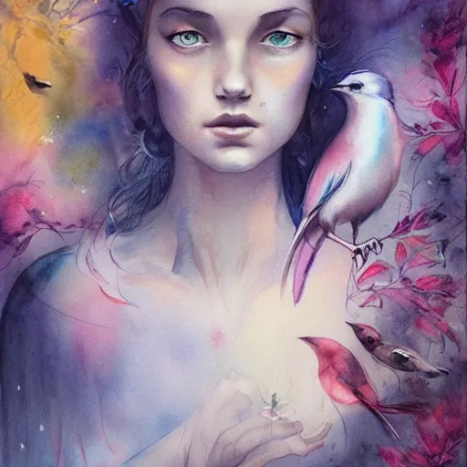 Image similar to watercolor woman with birds by anna dittmann, by marco mazzoni