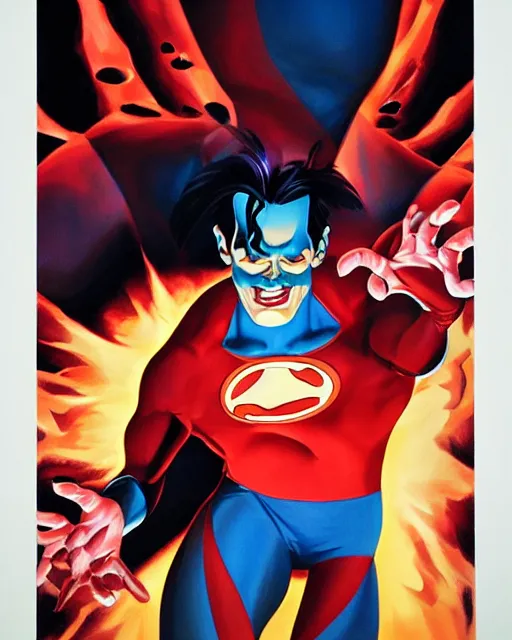 Prompt: Freakazoid, art by Alex Ross, dramatic lighting, dark background, very high quality, incredibly detailed,