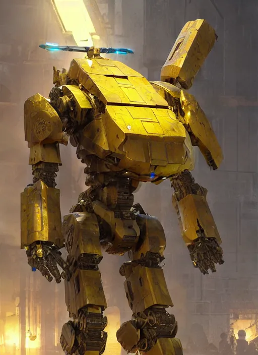 Image similar to human-sized strong intricate yellow pit droid carrying very detailed great sword and beautiful large paladin shield, pancake short large head, exposed metal bones, painterly humanoid mecha, by Greg Rutkowski